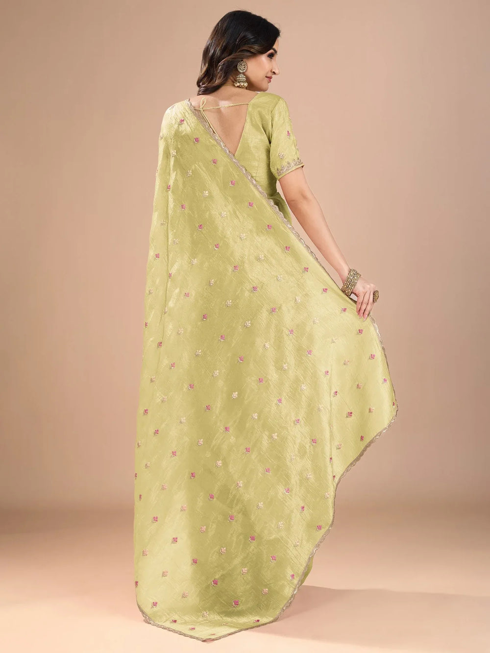 Yellow Party Wear Organza Embroidered Saree - The Dori Store