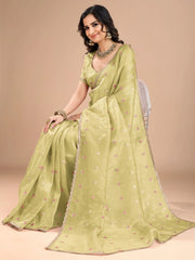 Yellow Party Wear Organza Embroidered Saree - The Dori Store