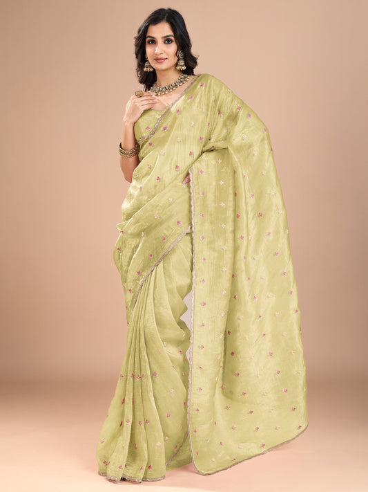Green Yellow Party Wear Organza Embroidered Saree