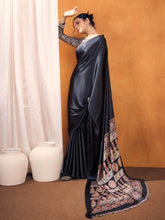 Black Satin Silk Printed Saree - The Dori Store
