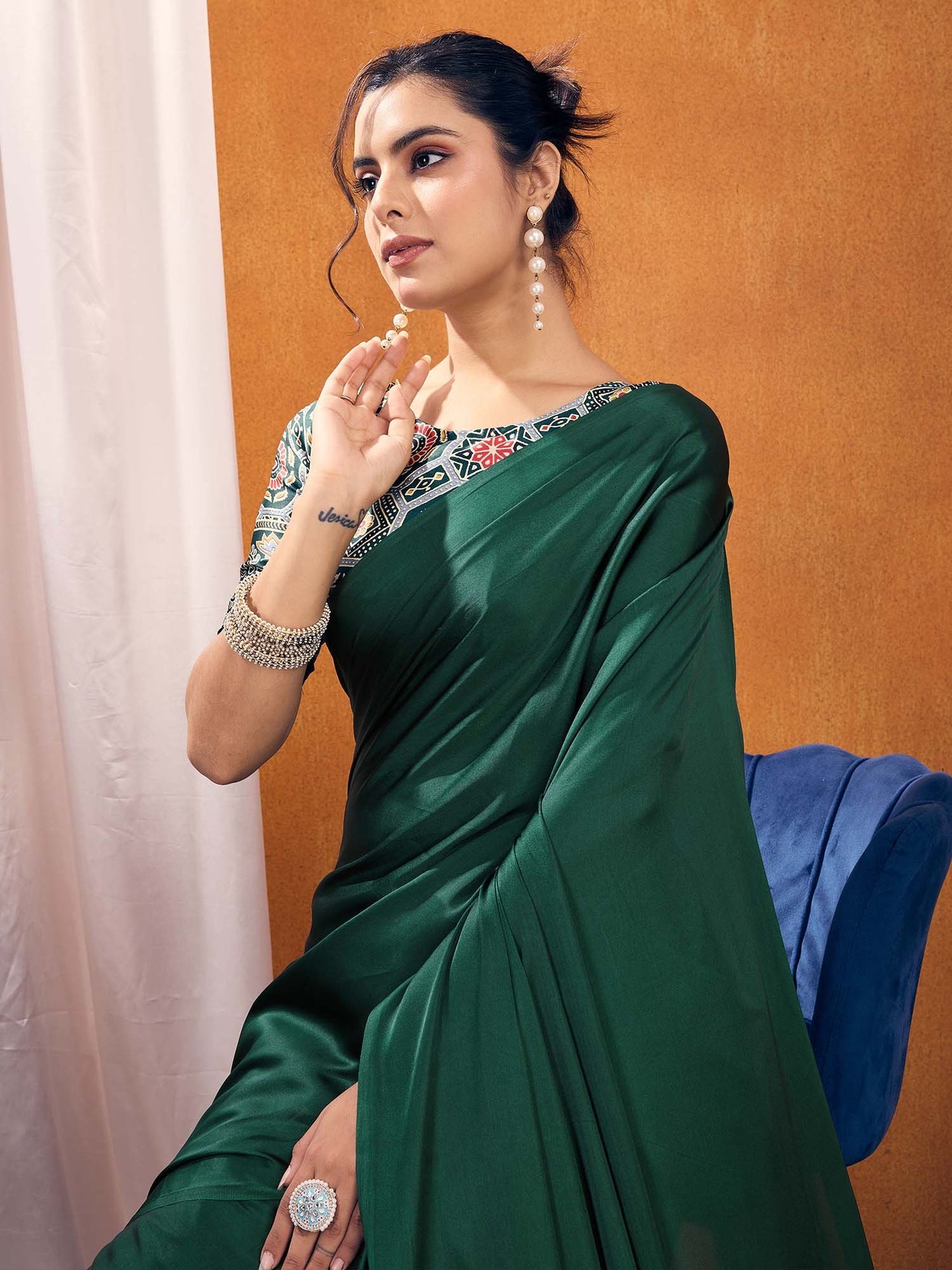 Green  Satin Silk Printed Saree