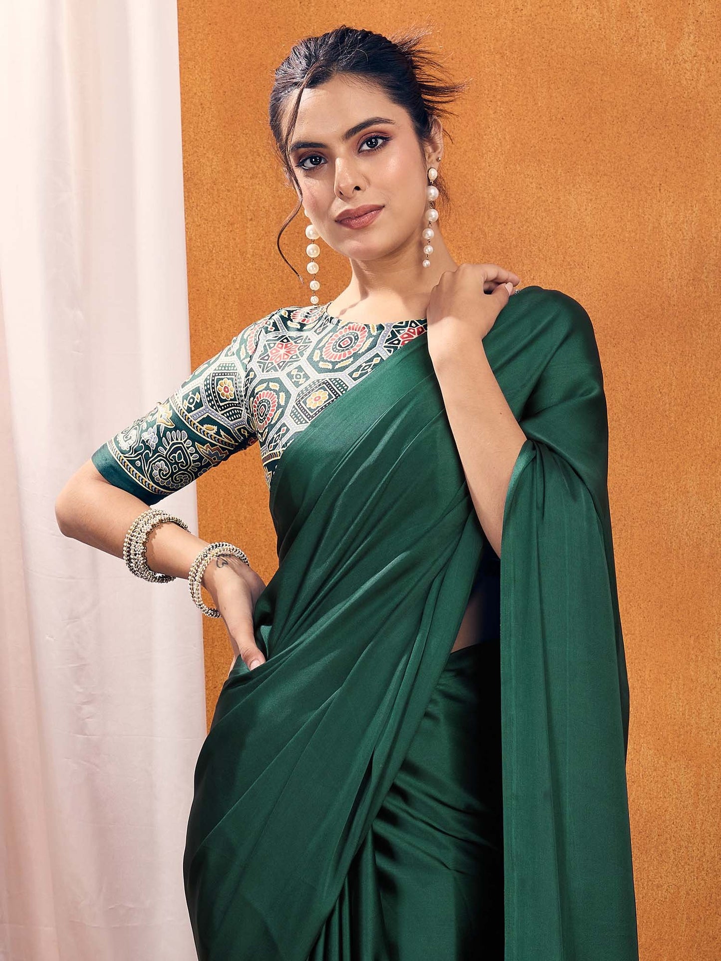 Green  Satin Silk Printed Saree