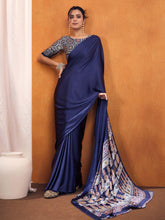 Navy Satin Silk Printed Saree - The Dori Store