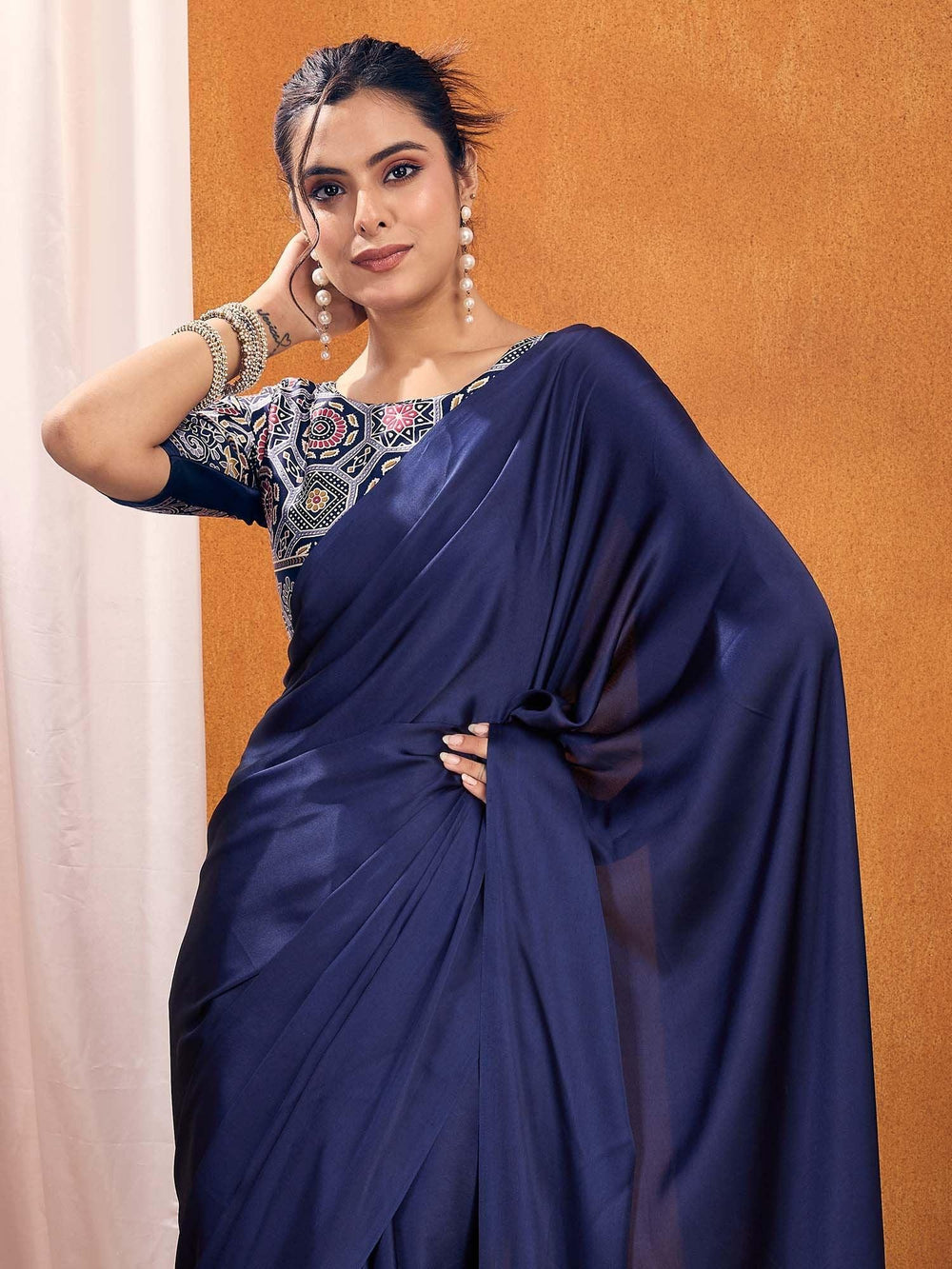 Navy Satin Silk Printed Saree - The Dori Store