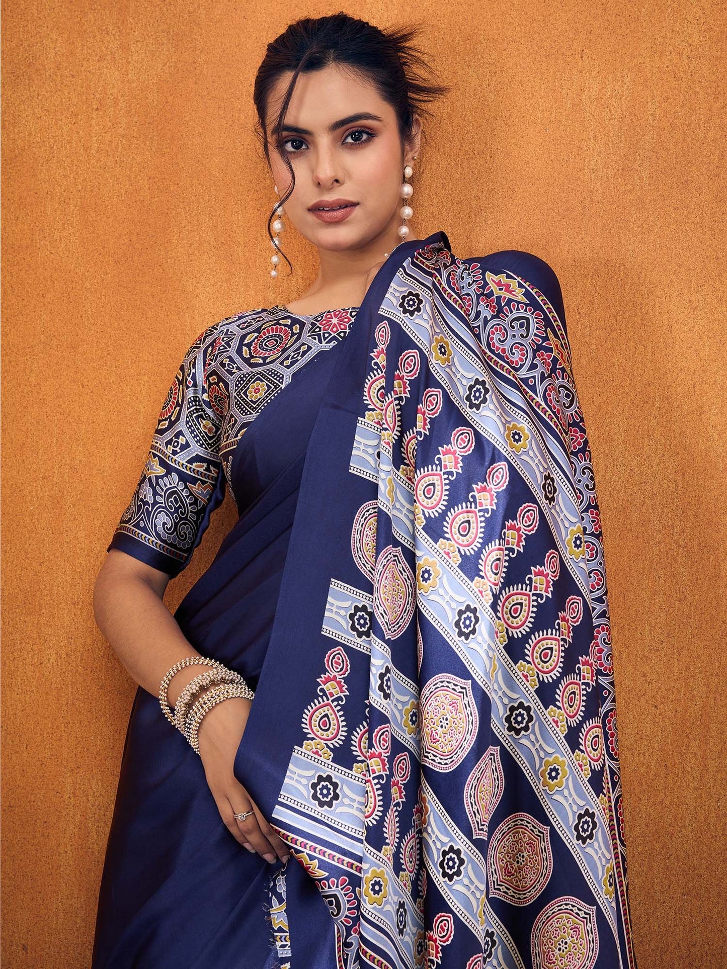Navy  Satin Silk Printed Saree