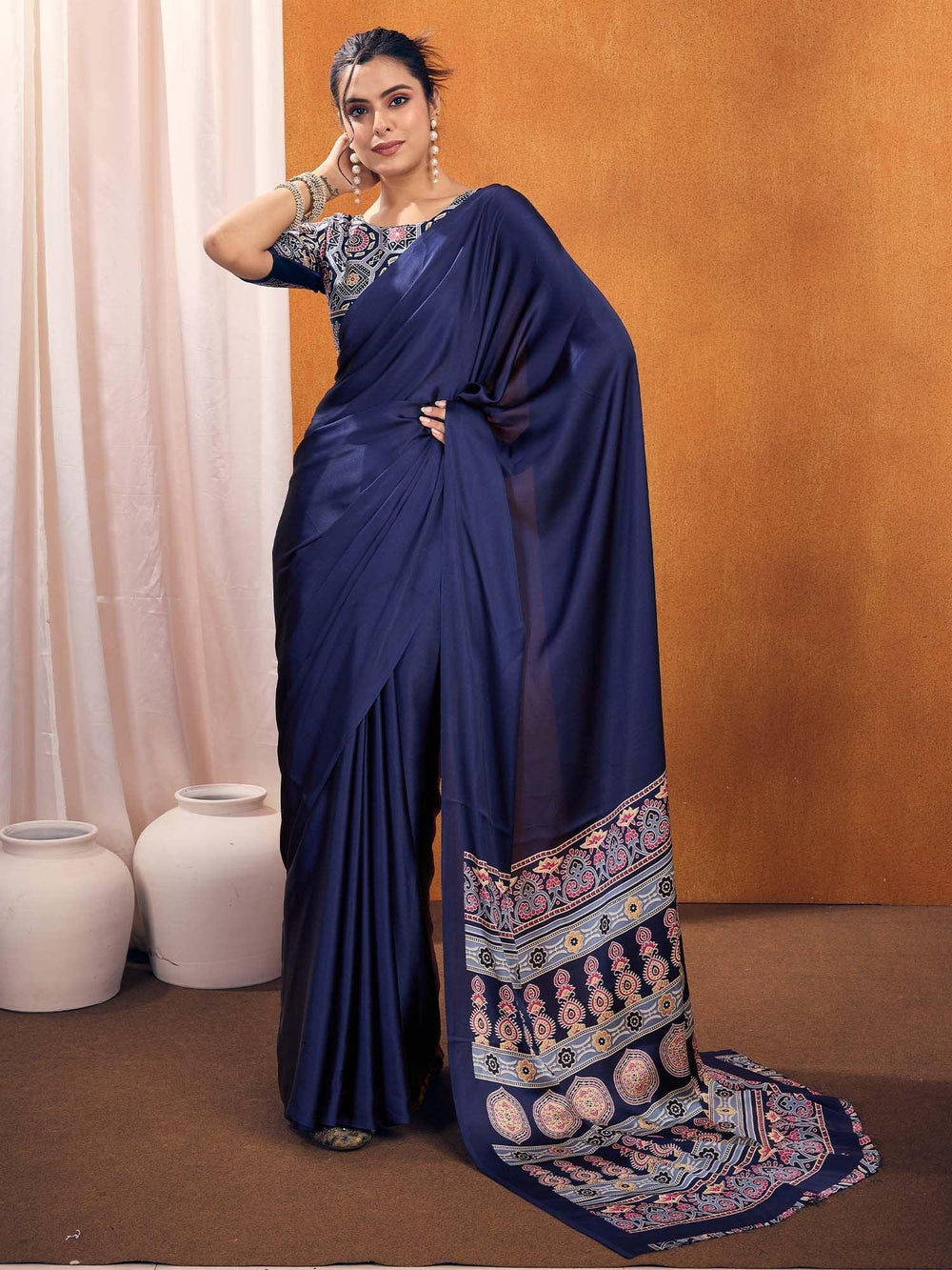 Navy Satin Silk Printed Saree - The Dori Store