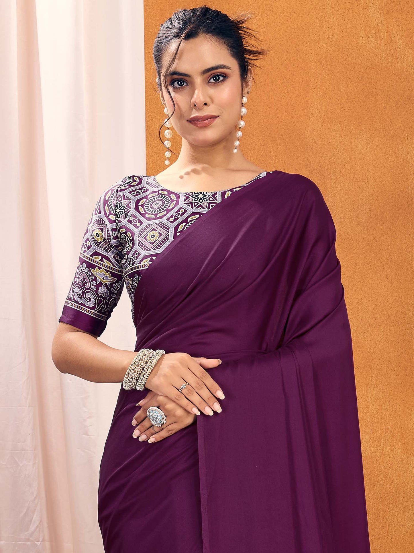 Purple  Satin Silk Printed Saree