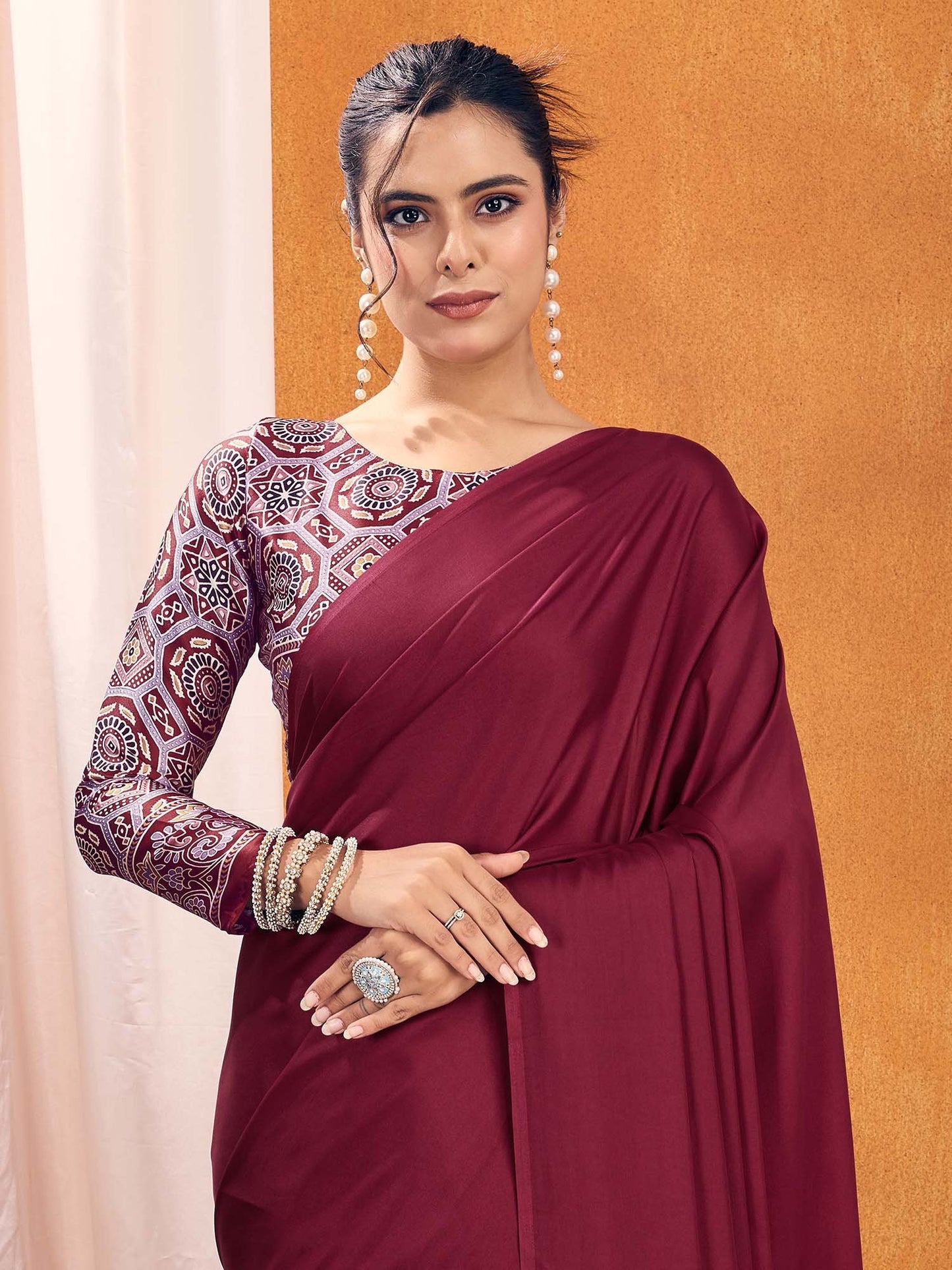 Magenta  Satin Silk Printed Saree
