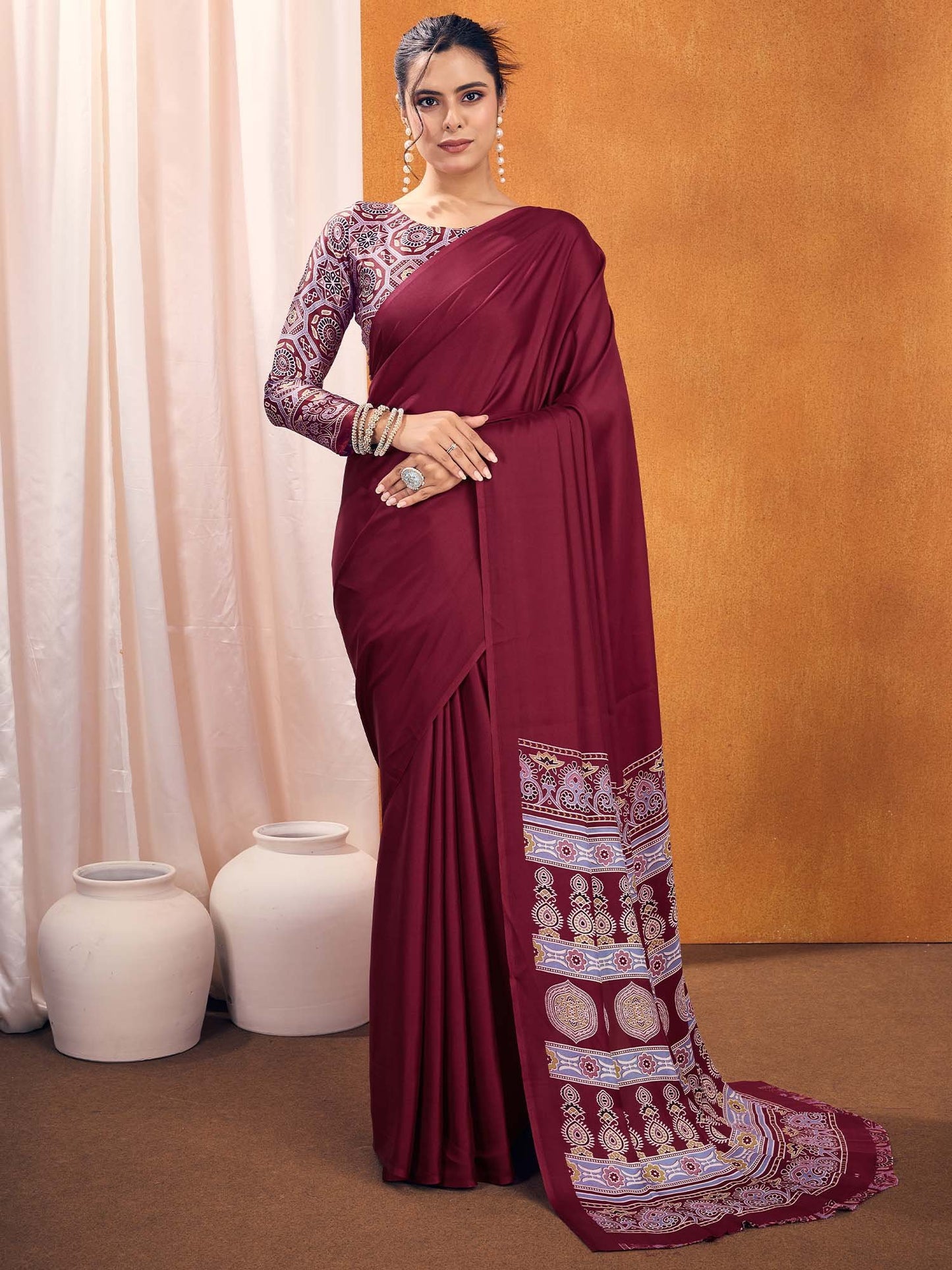 Magenta  Satin Silk Printed Saree