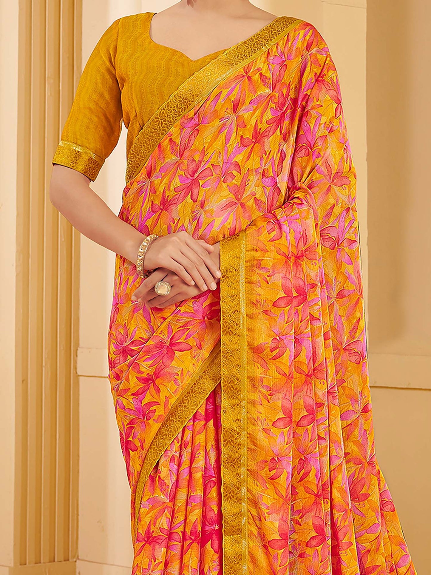 Mustard Sungudi Chiffon Printed Saree
