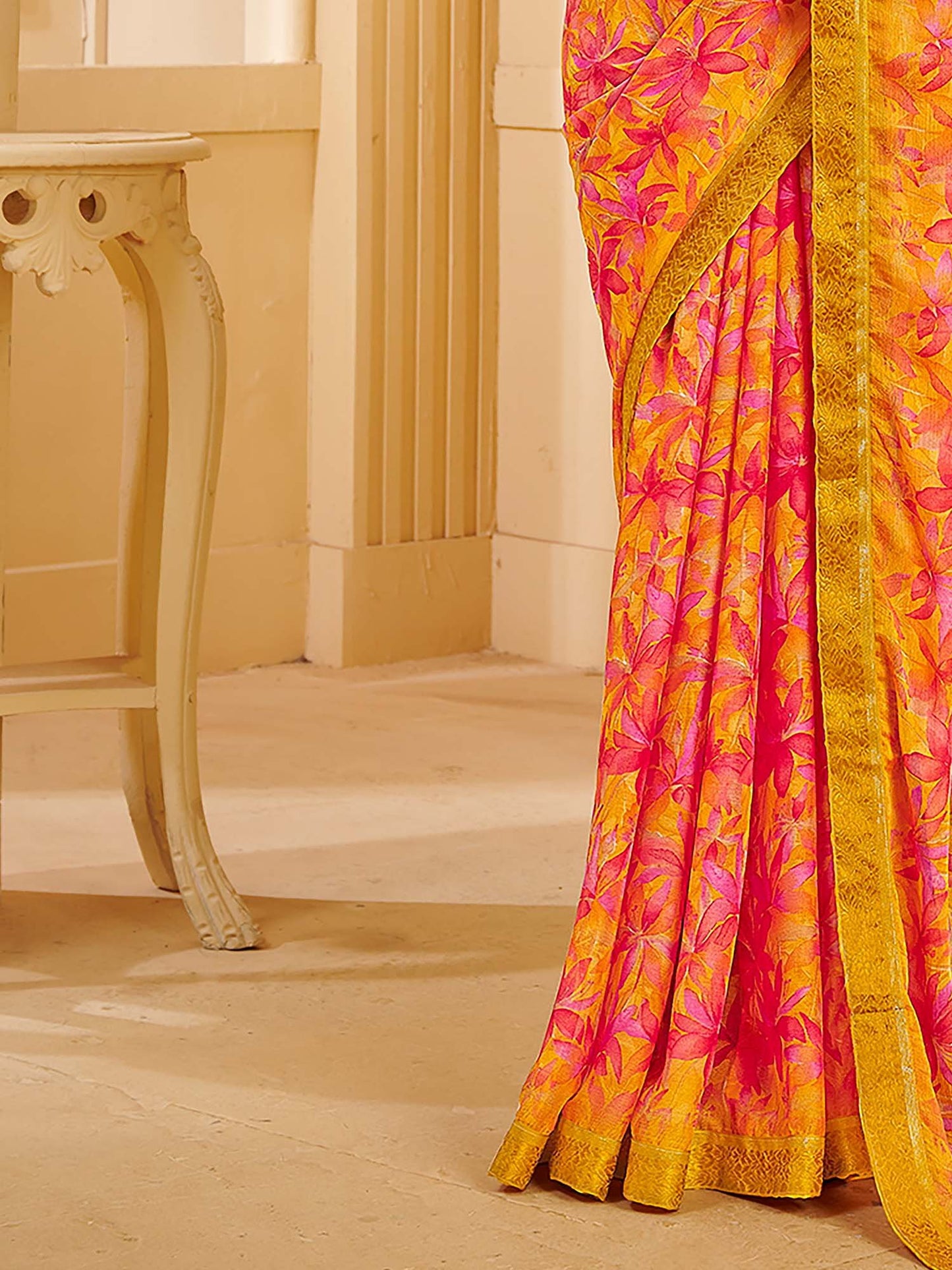 Mustard Sungudi Chiffon Printed Saree