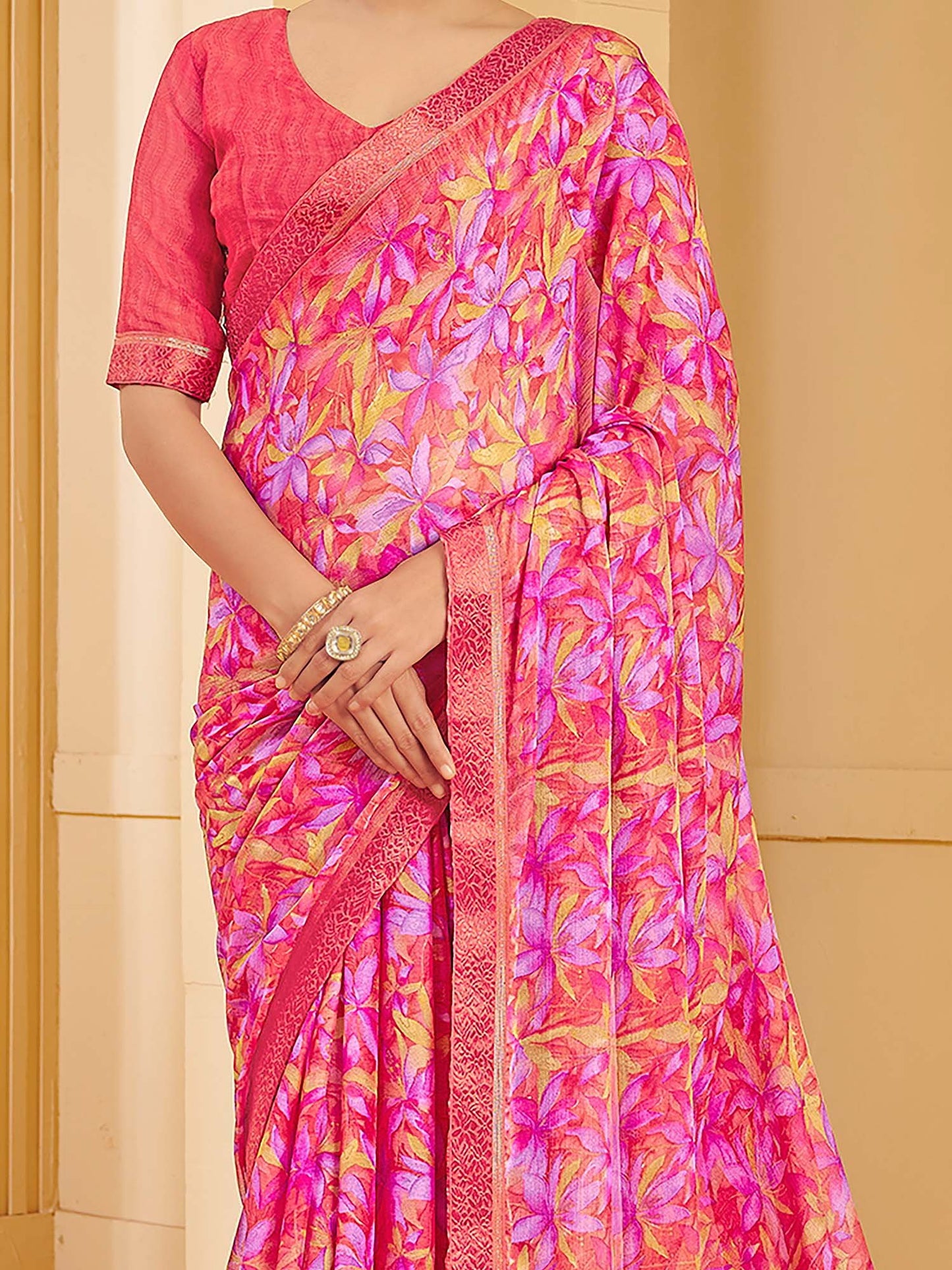 Pink Sungudi Chiffon Printed Saree