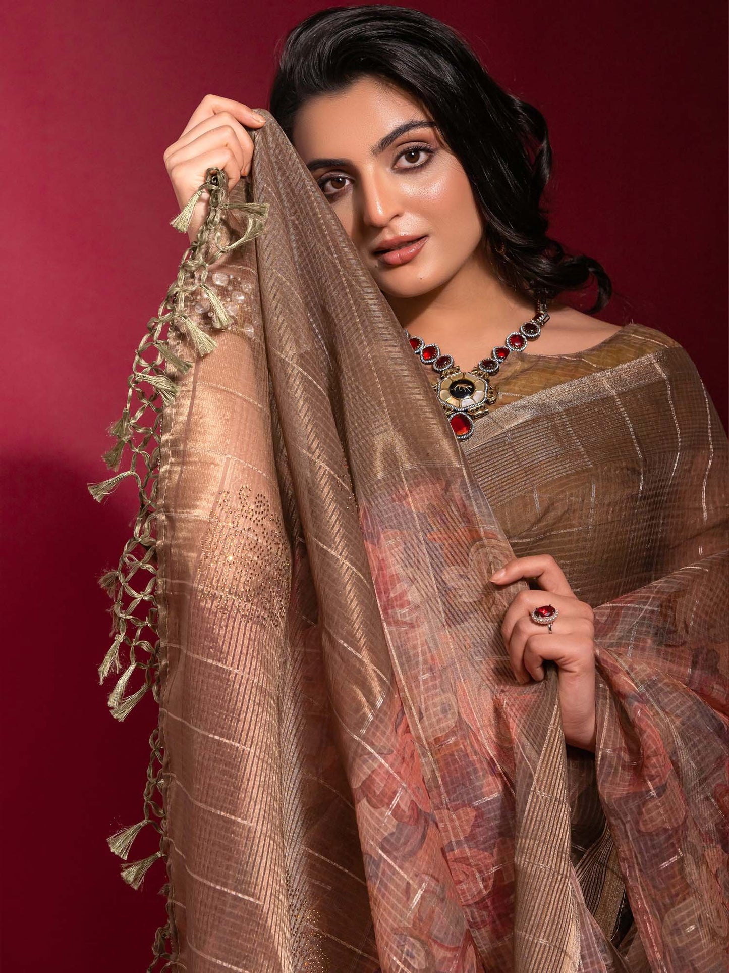Peach Party Wear Linen Blend Embellished Saree