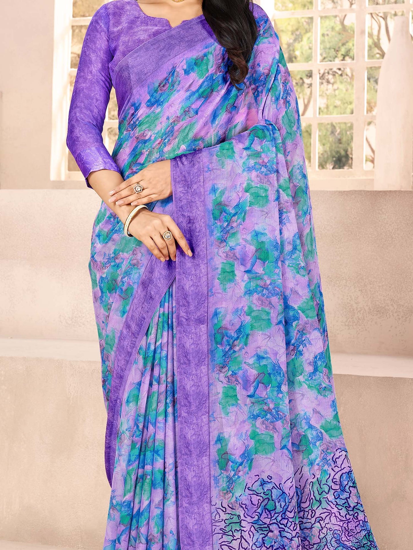 Lavendar Bagru Chiffon Printed Saree