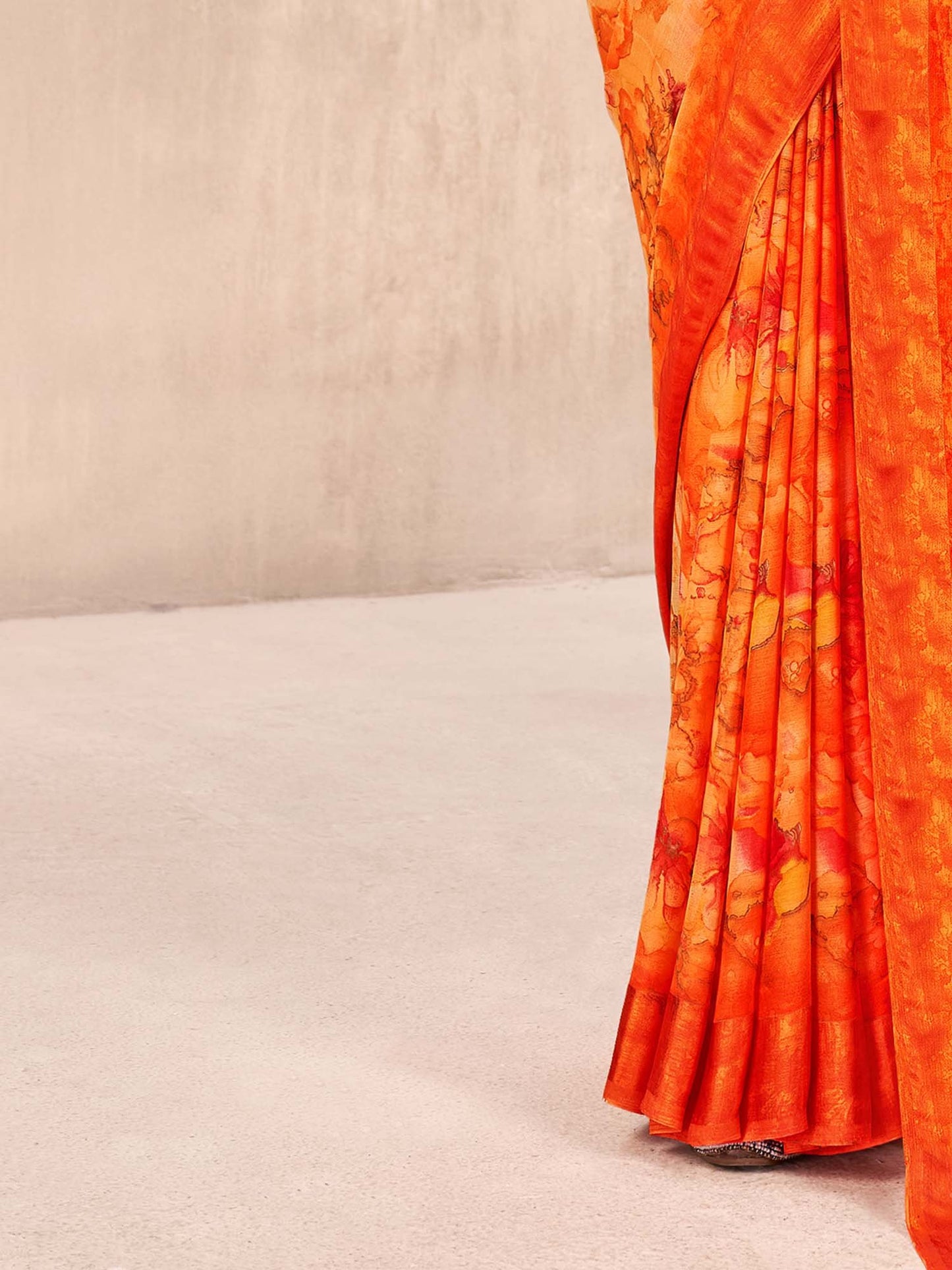 Orange Bagru Chiffon Printed Saree