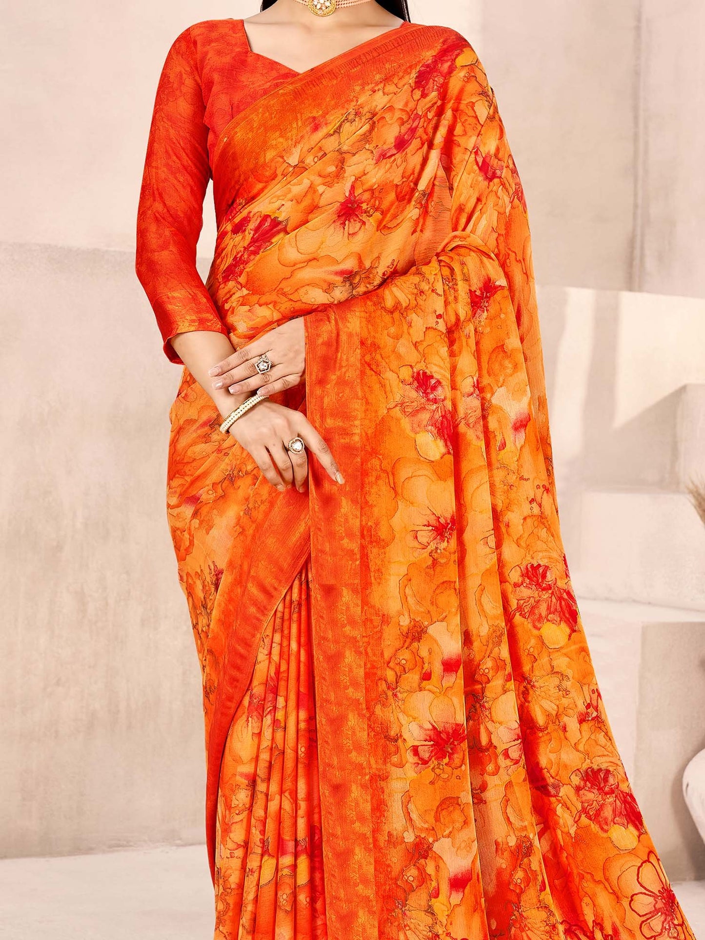 Orange Bagru Chiffon Printed Saree