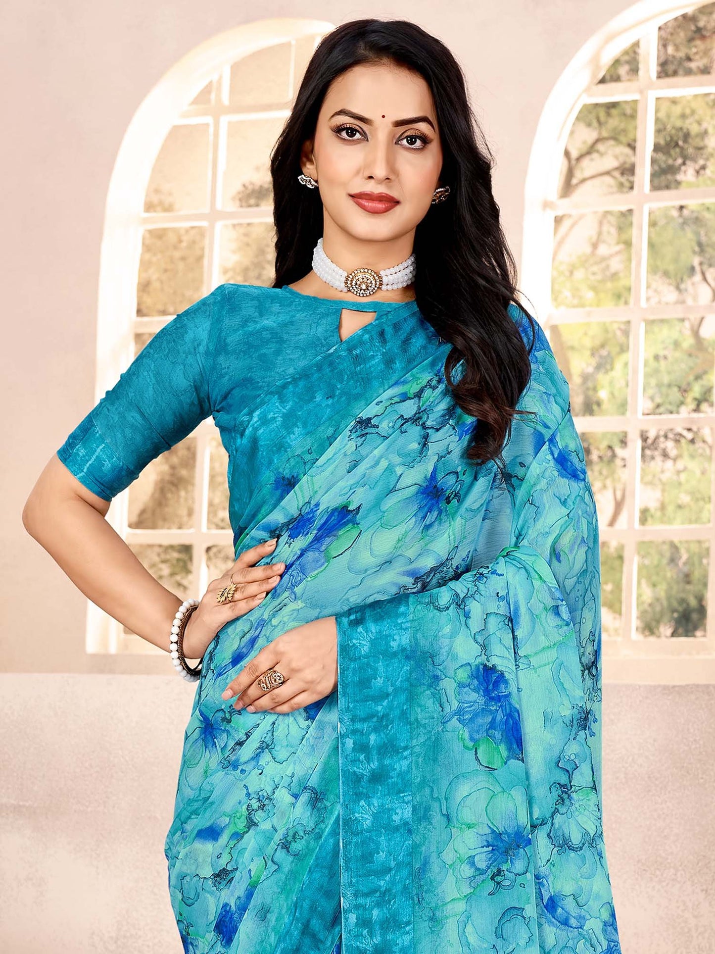 Blue Light Bagru Chiffon Printed Saree