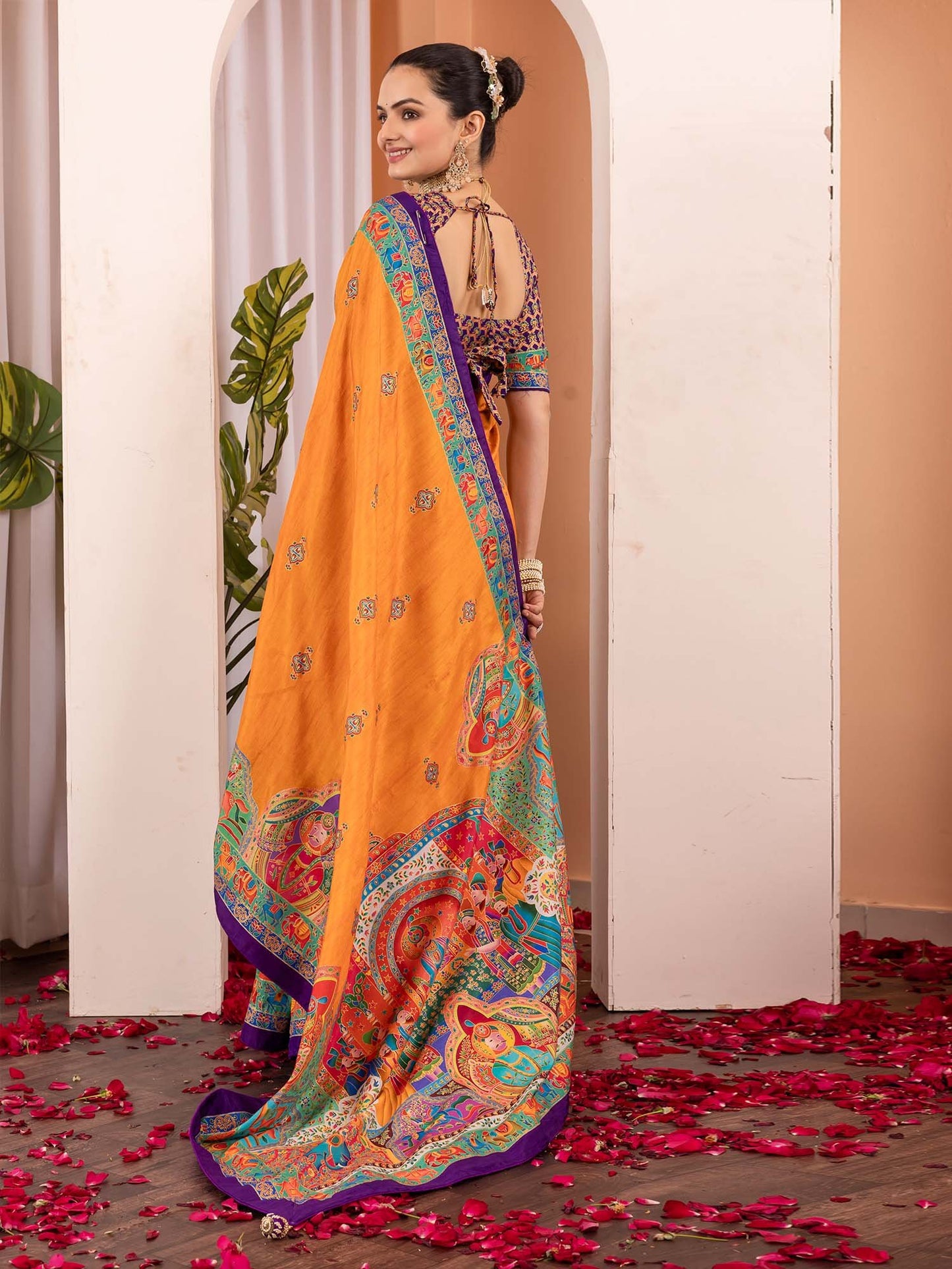 Mustard Tussar Silk Blend Printed Saree