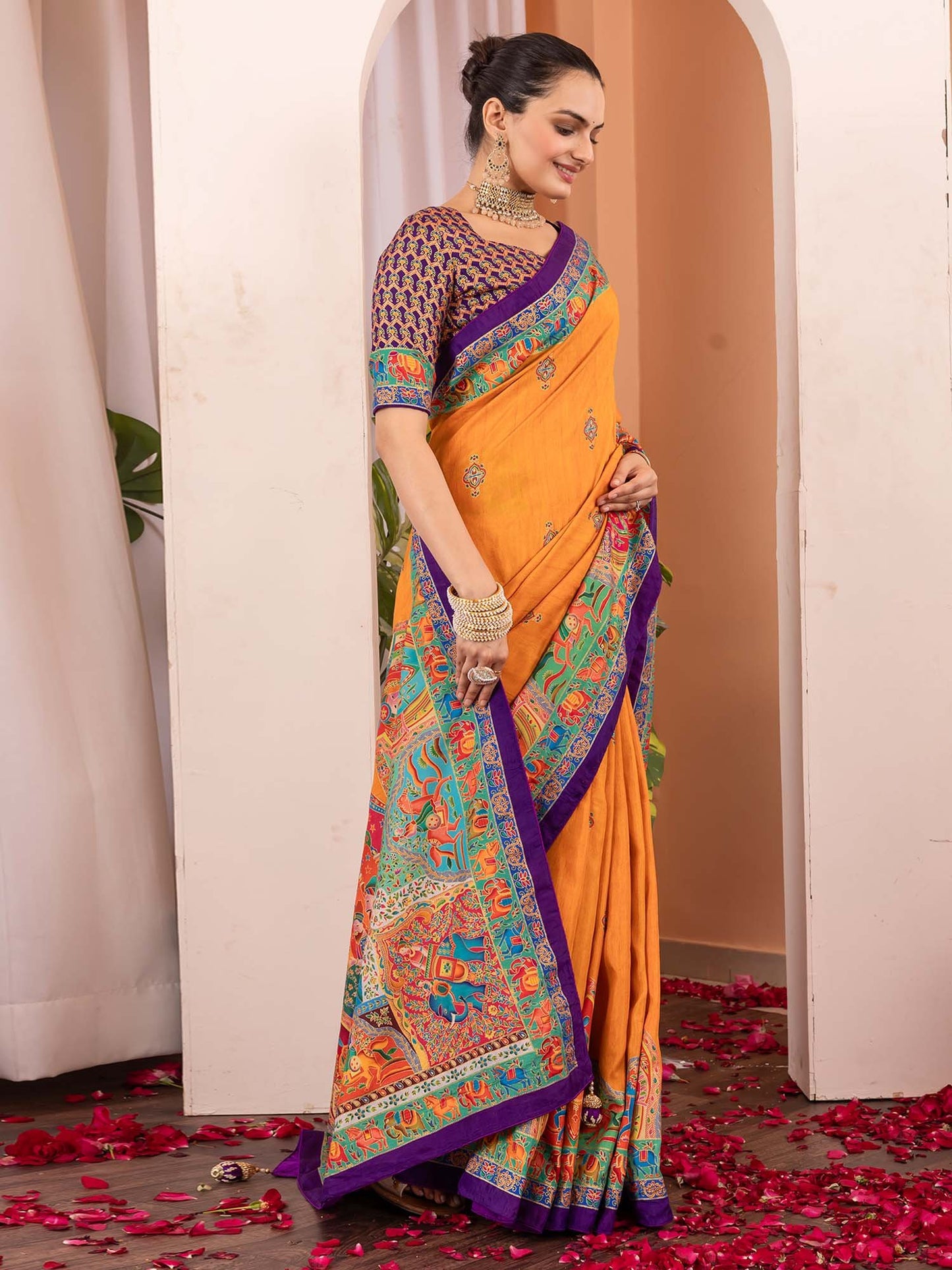 Mustard Tussar Silk Blend Printed Saree
