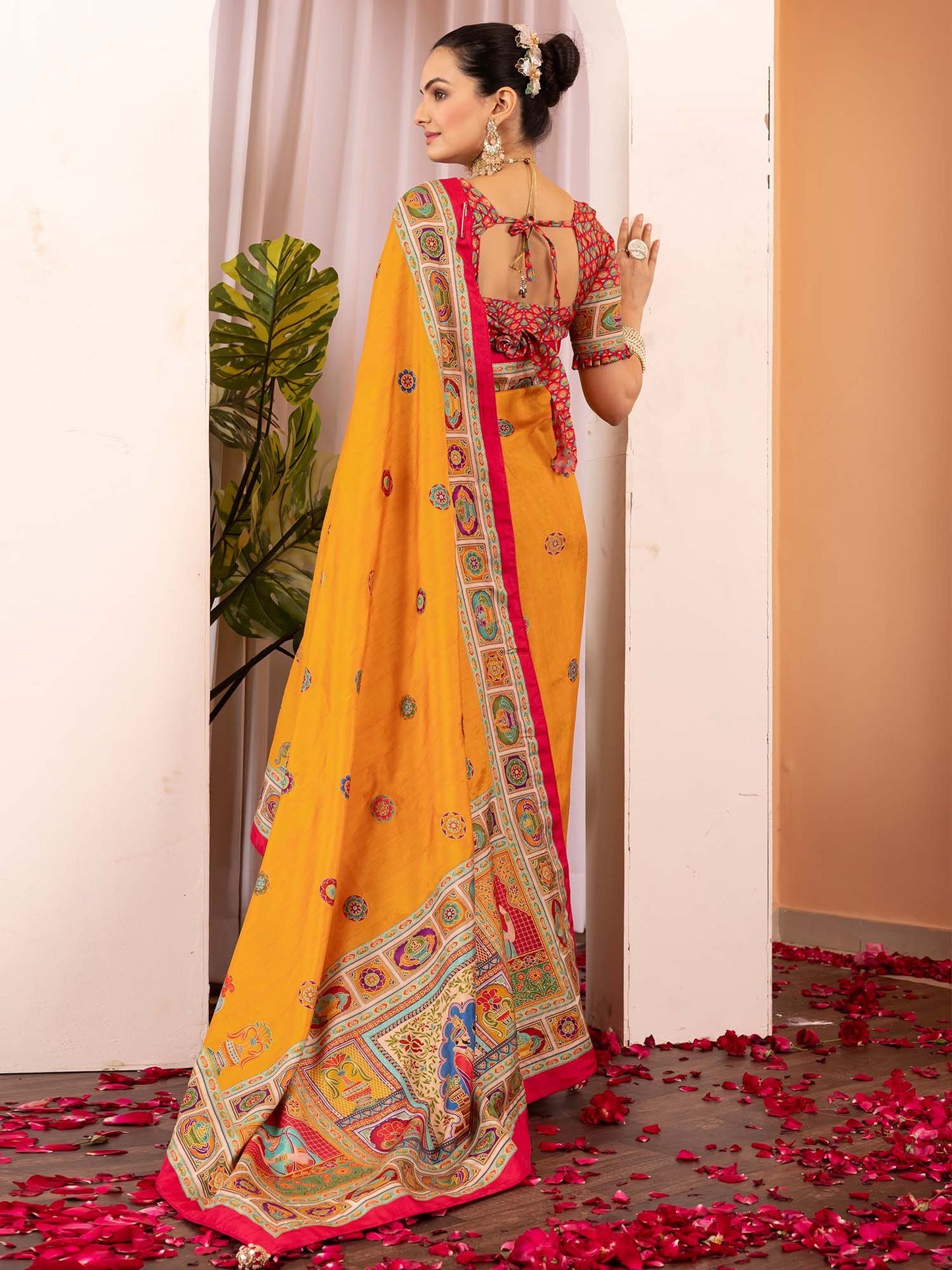 Mustard Tussar Silk Blend Printed Saree