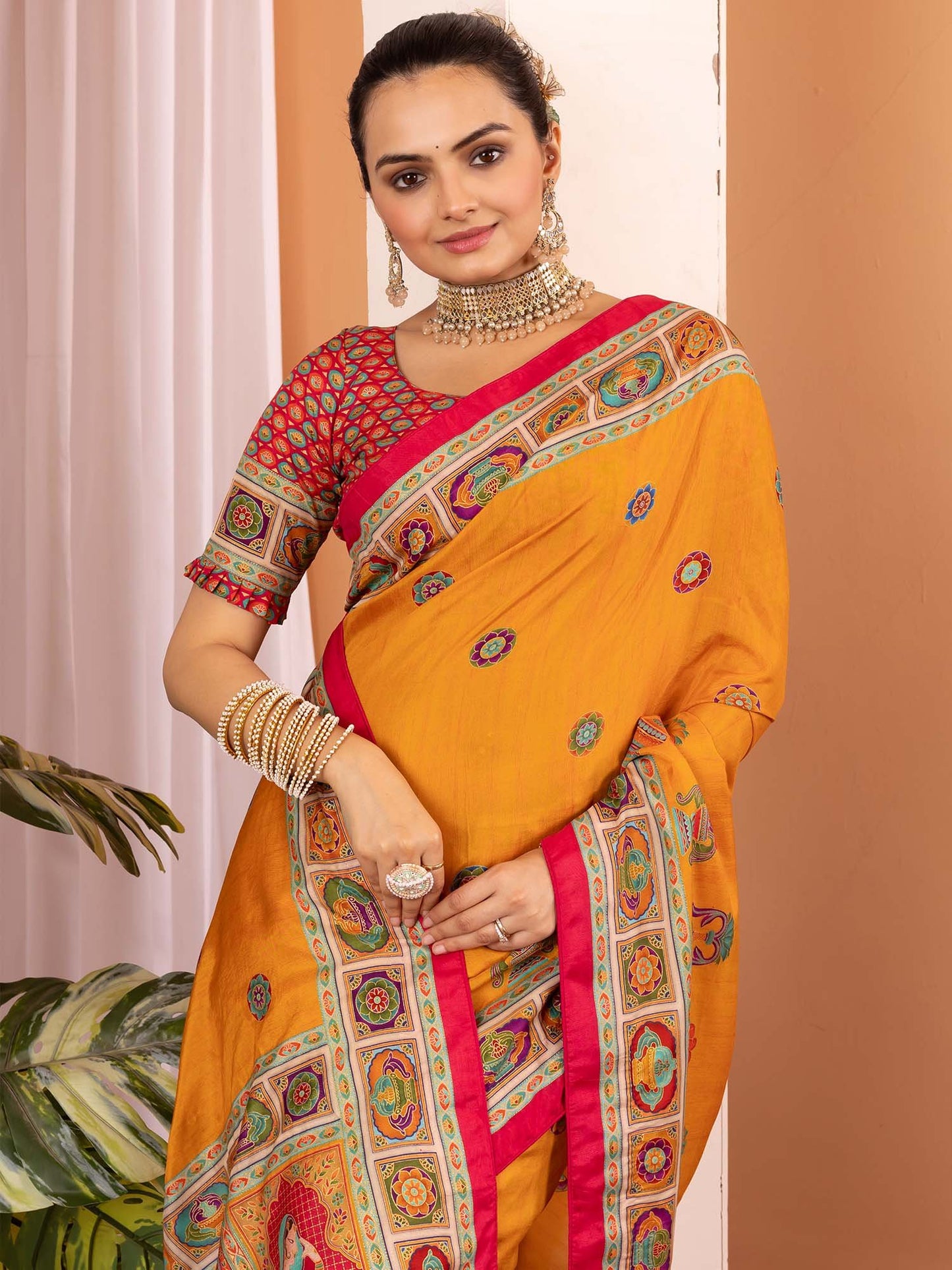Mustard Tussar Silk Blend Printed Saree