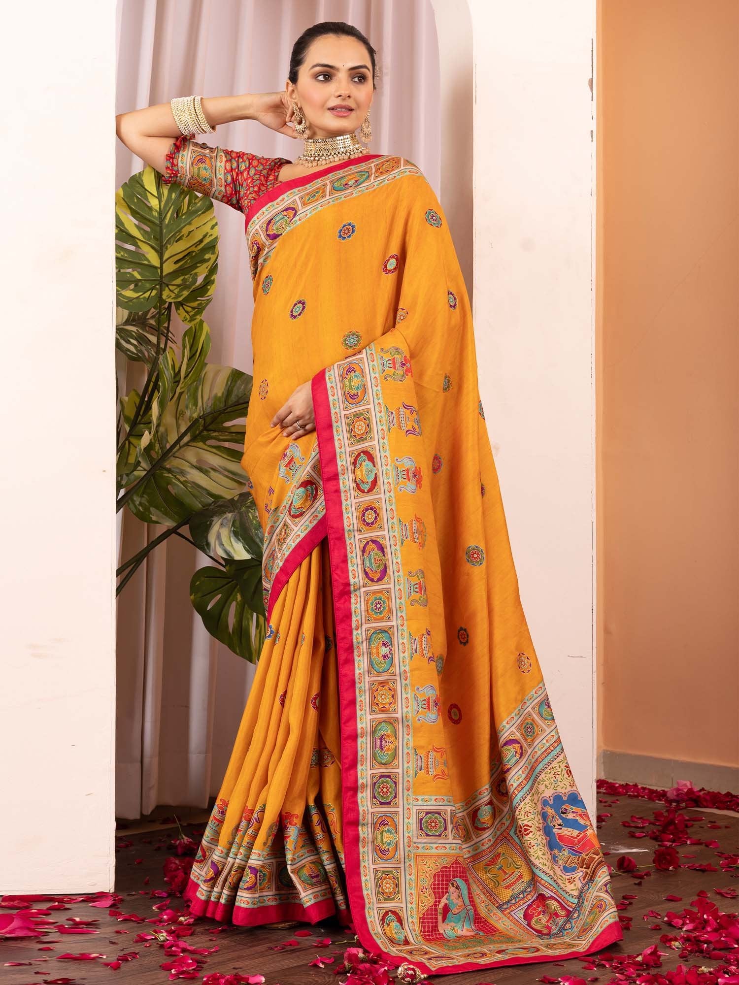 Yellow Mustard Tussar Silk Blend Printed Saree