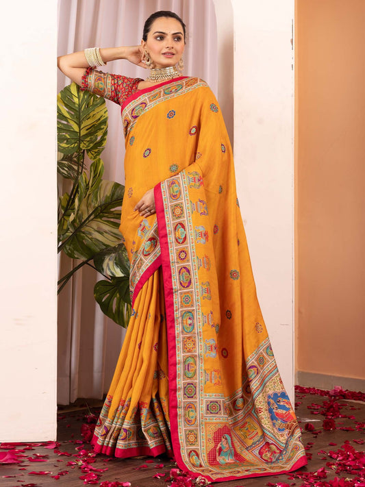 Yellow Mustard Tussar Silk Blend Printed Saree