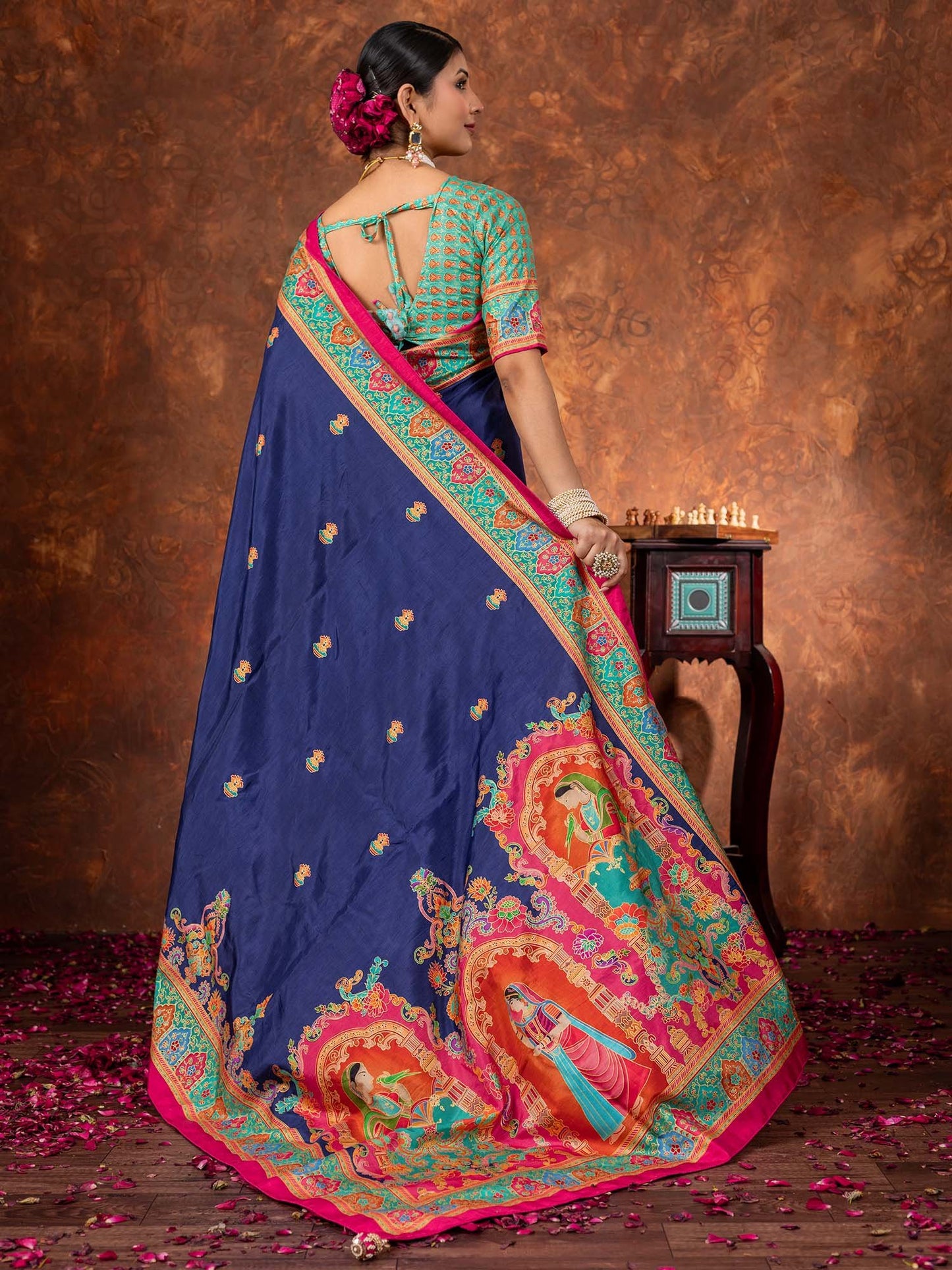 Navy Tussar Silk Blend Printed Saree