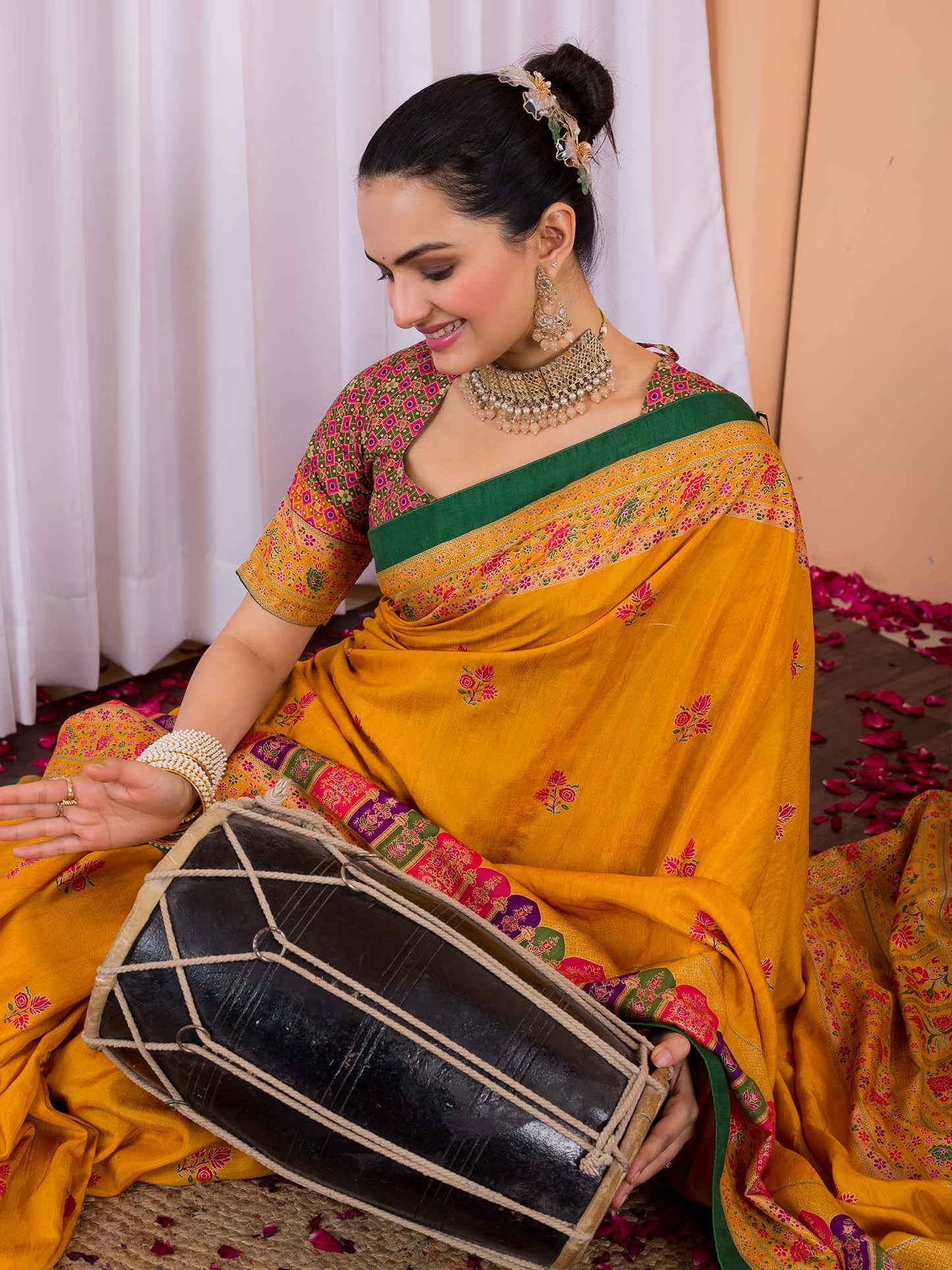 Mustard Tussar Silk Blend Printed Saree