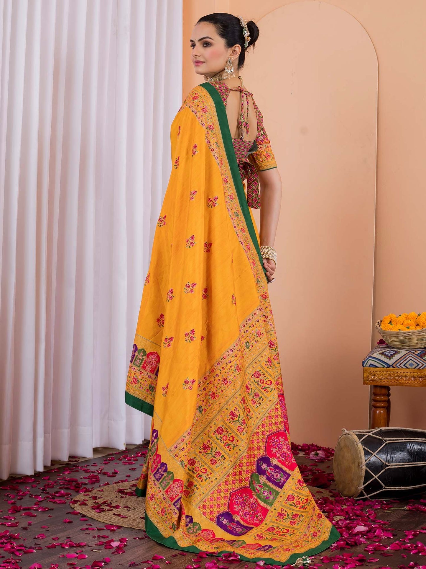 Mustard Tussar Silk Blend Printed Saree