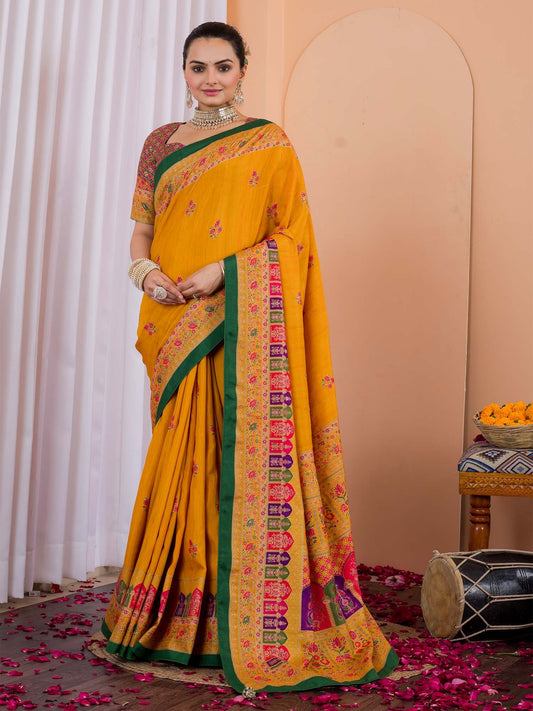 Yellow Mustard Tussar Silk Blend Printed Saree