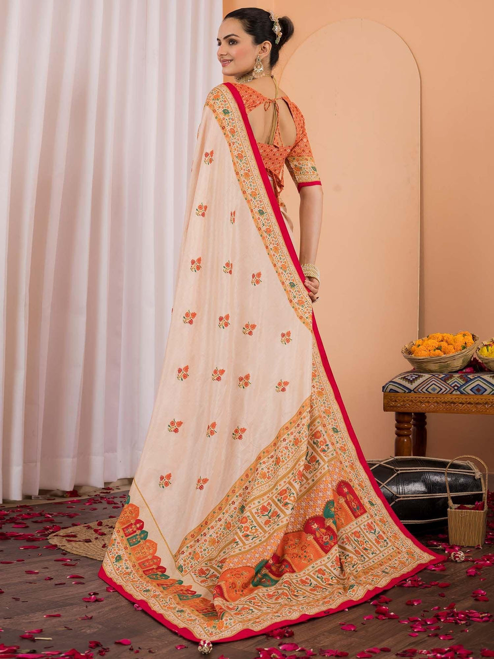 Cream Tussar Silk Blend Printed Saree - The Dori Store