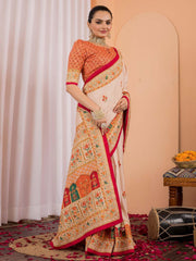 Cream Tussar Silk Blend Printed Saree - The Dori Store