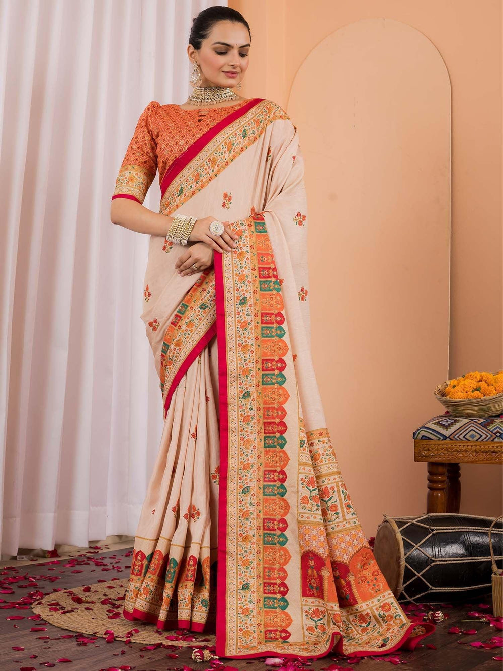 Cream Tussar Silk Blend Printed Saree - The Dori Store