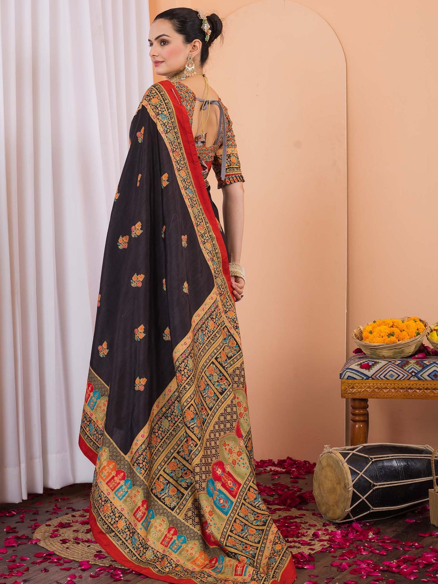 Black Tussar Silk Blend Printed Saree