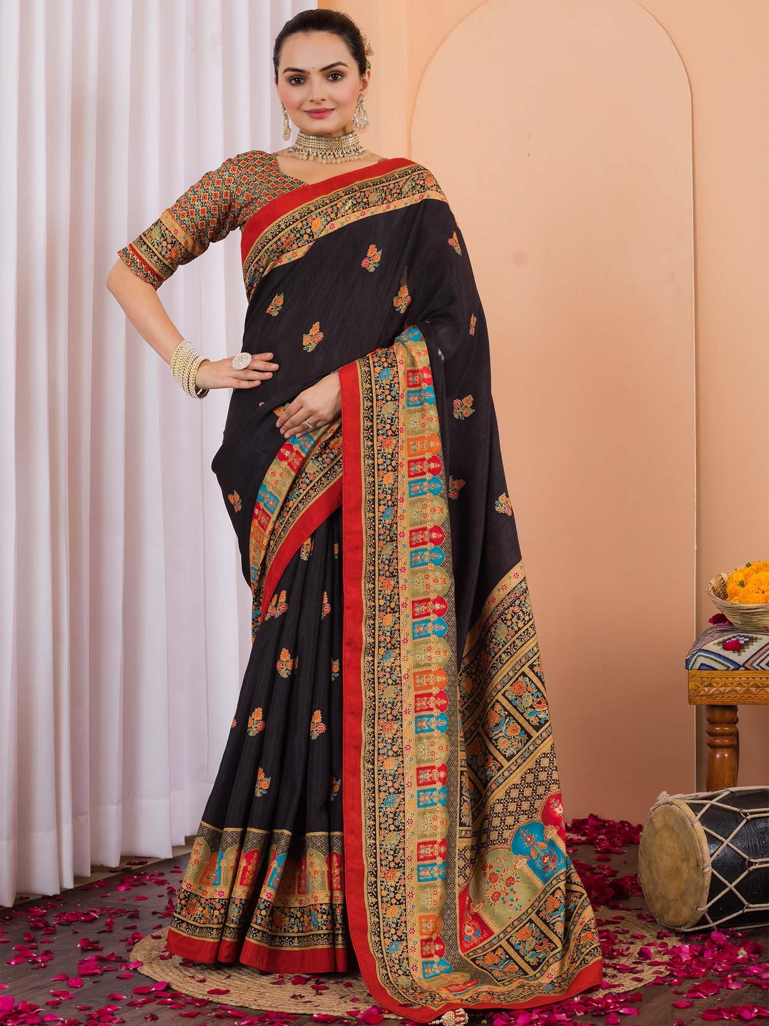 Black Black Tussar Silk Blend Printed Saree