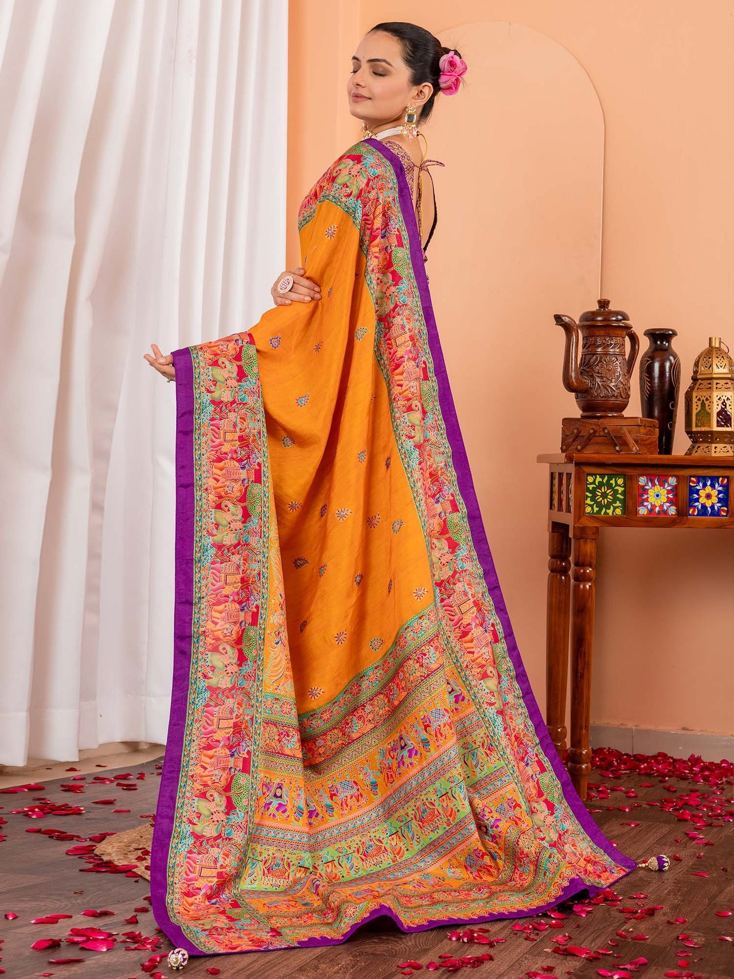 Mustard Tussar Silk Blend Printed Saree