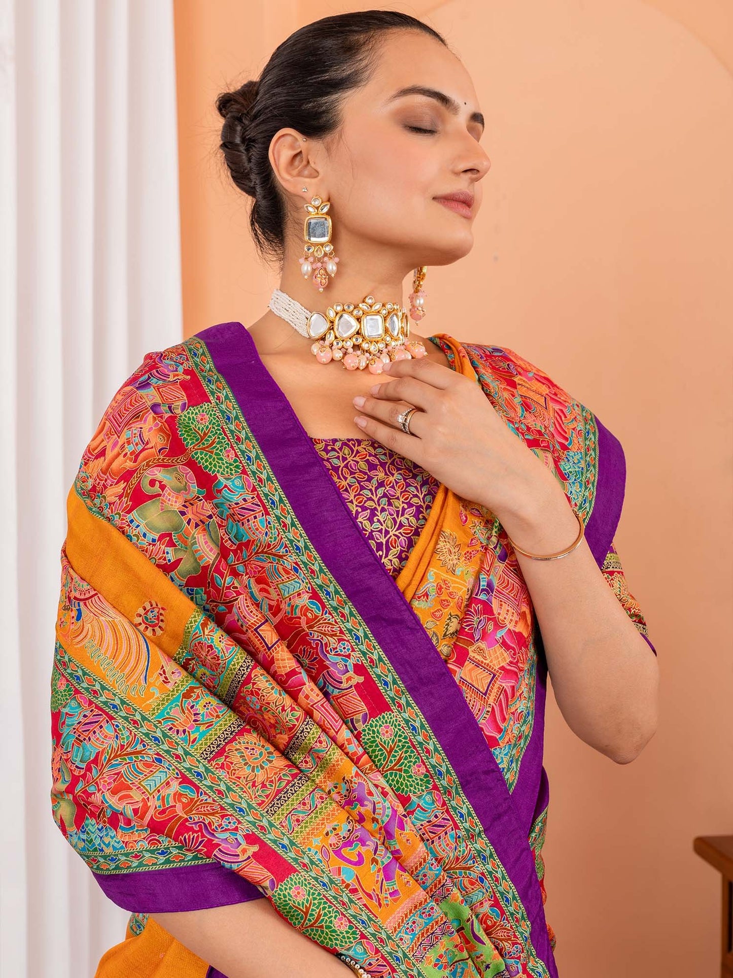 Mustard Tussar Silk Blend Printed Saree
