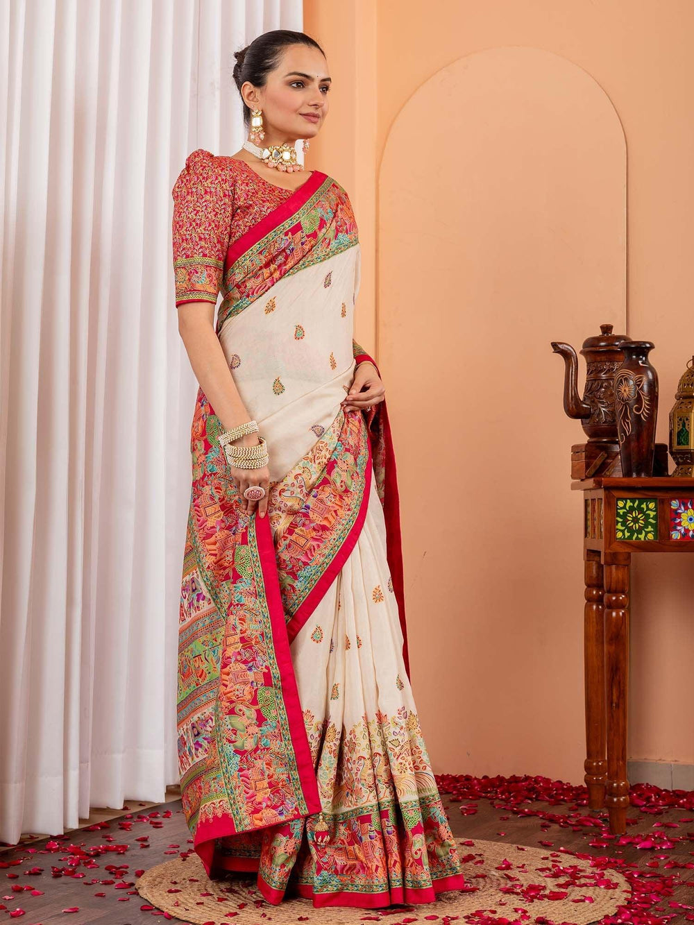 Cream Tussar Silk Blend Printed Saree - The Dori Store