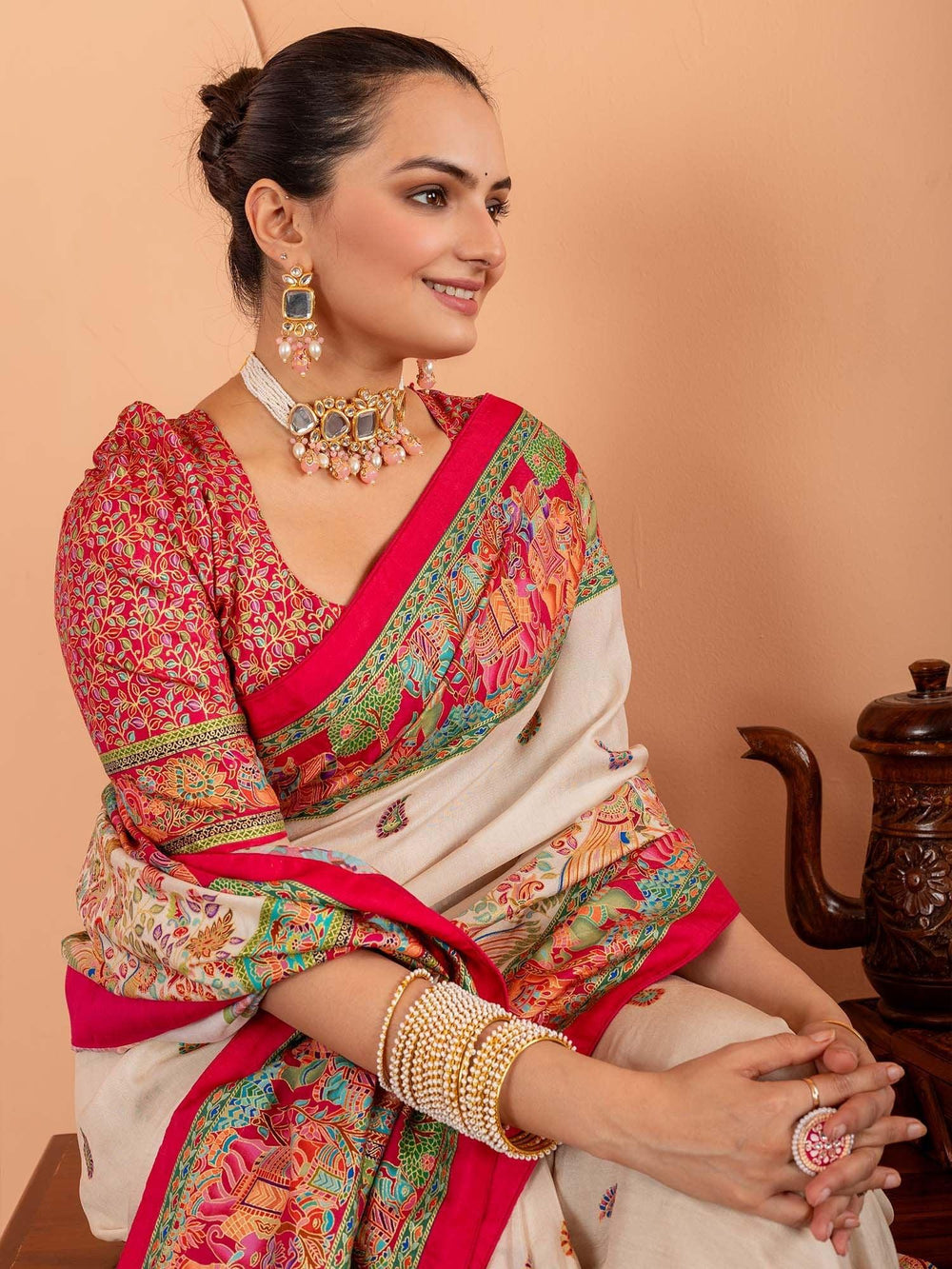 Cream Tussar Silk Blend Printed Saree - The Dori Store