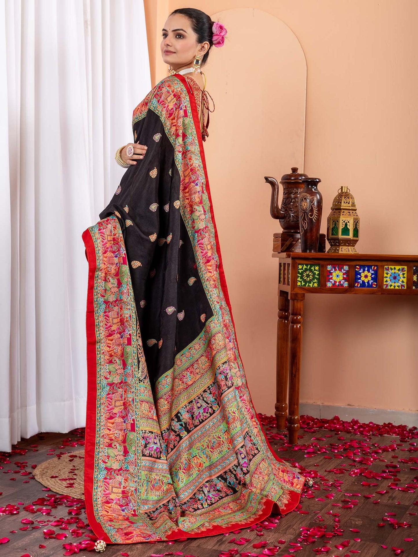 Black Tussar Silk Blend Printed Saree