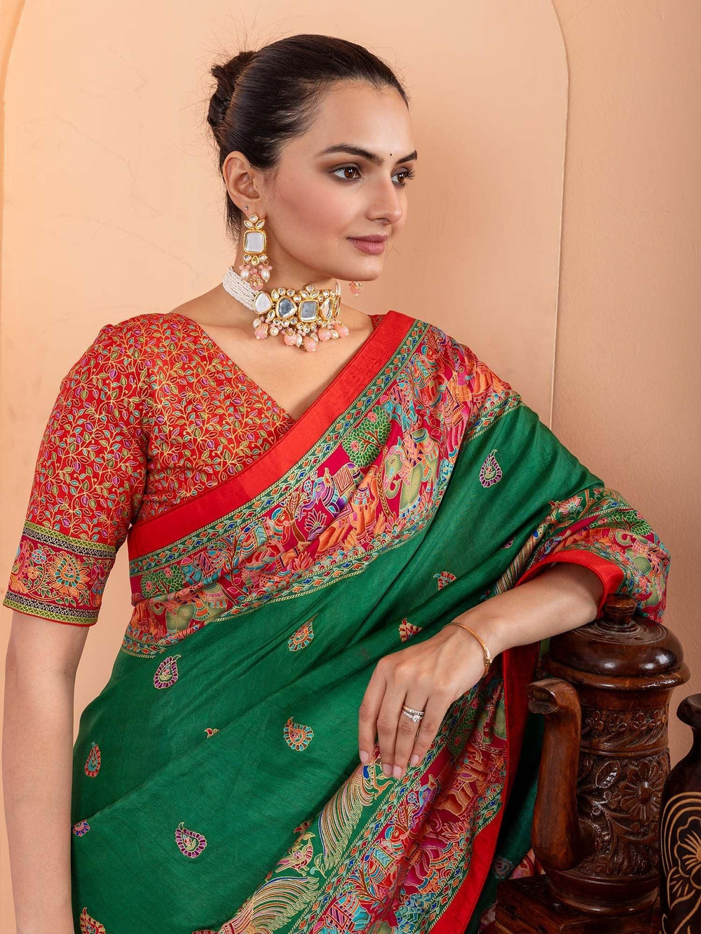 Green Tussar Silk Blend Printed Saree - The Dori Store