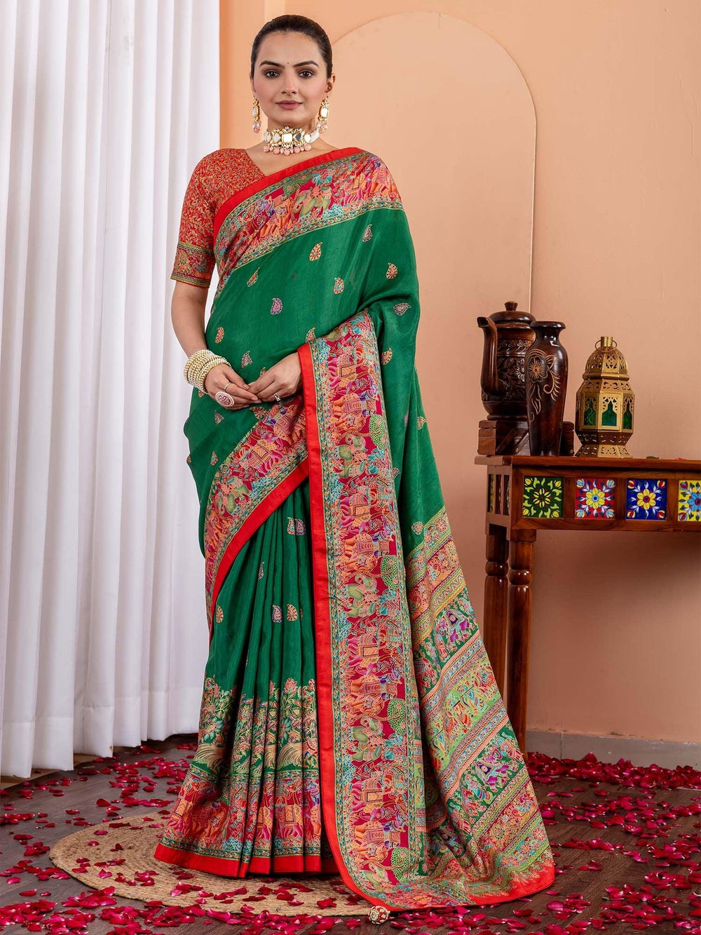 Green Tussar Silk Blend Printed Saree - The Dori Store