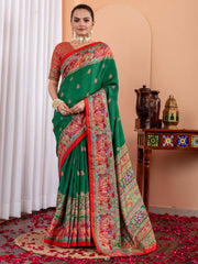 Green Tussar Silk Blend Printed Saree - The Dori Store