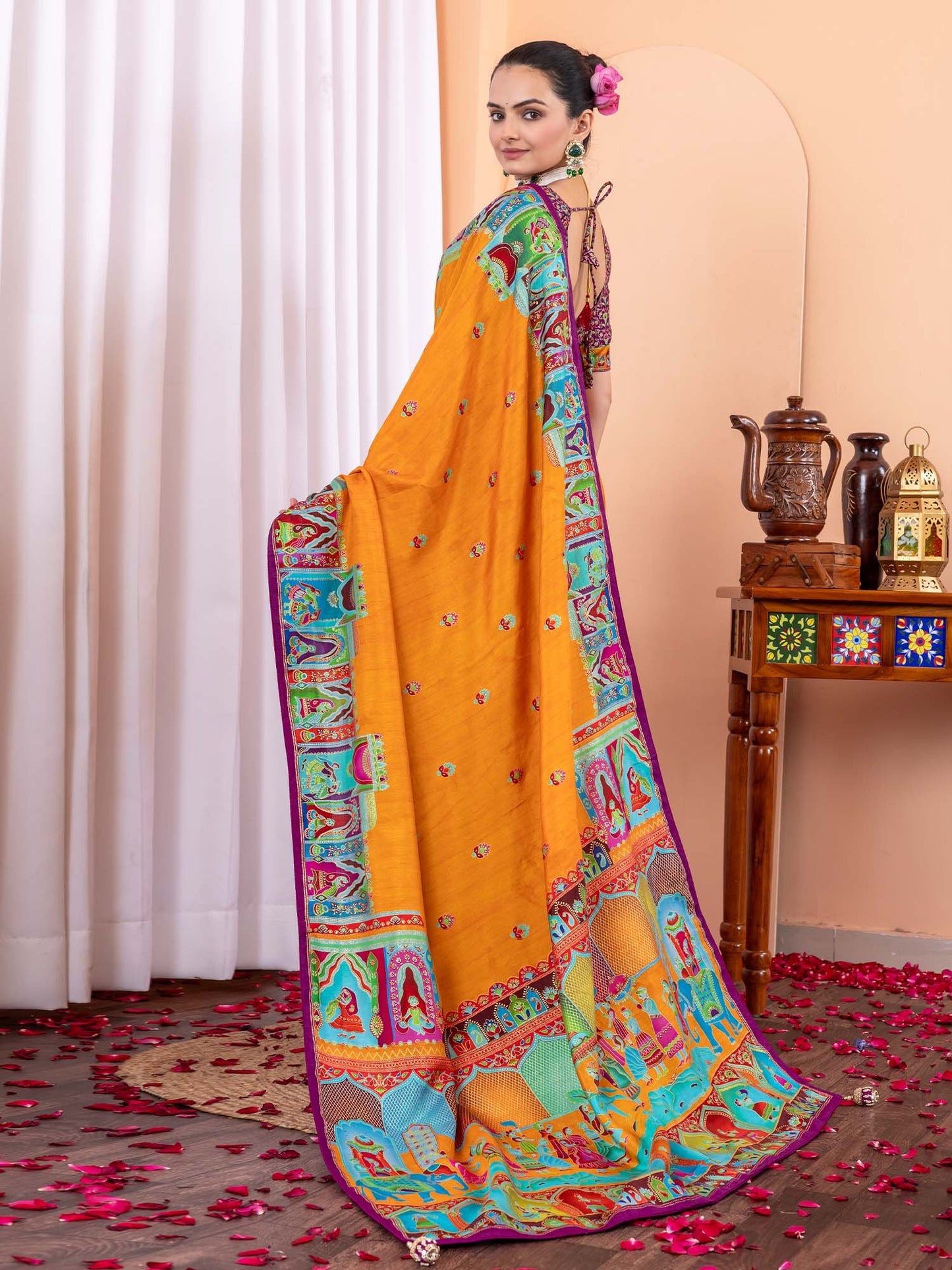 Mustard Tussar Silk Blend Printed Saree