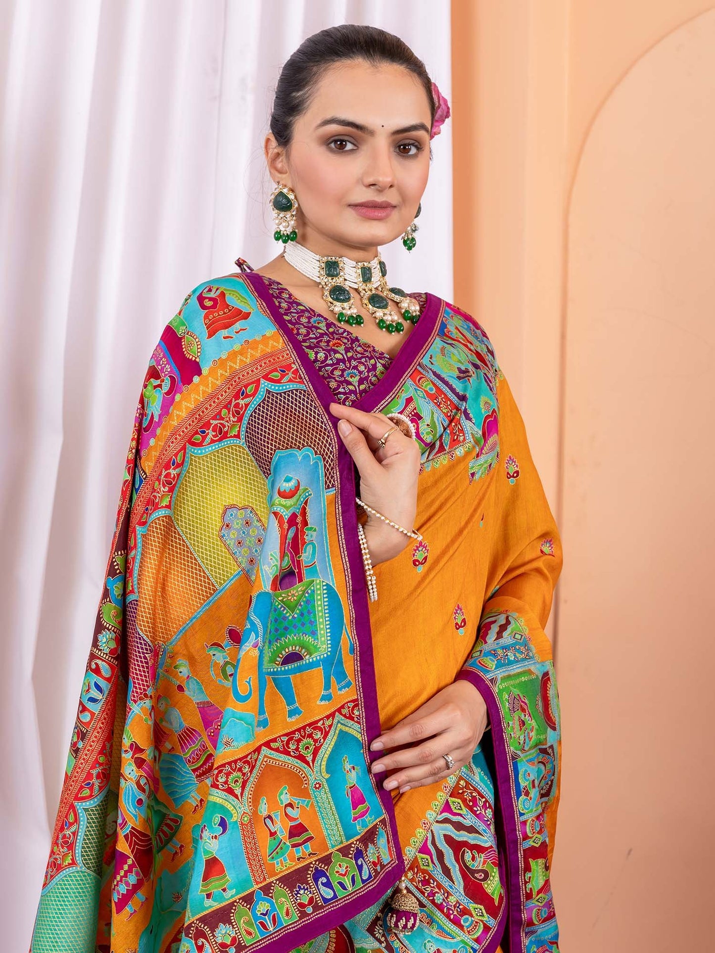 Mustard Tussar Silk Blend Printed Saree