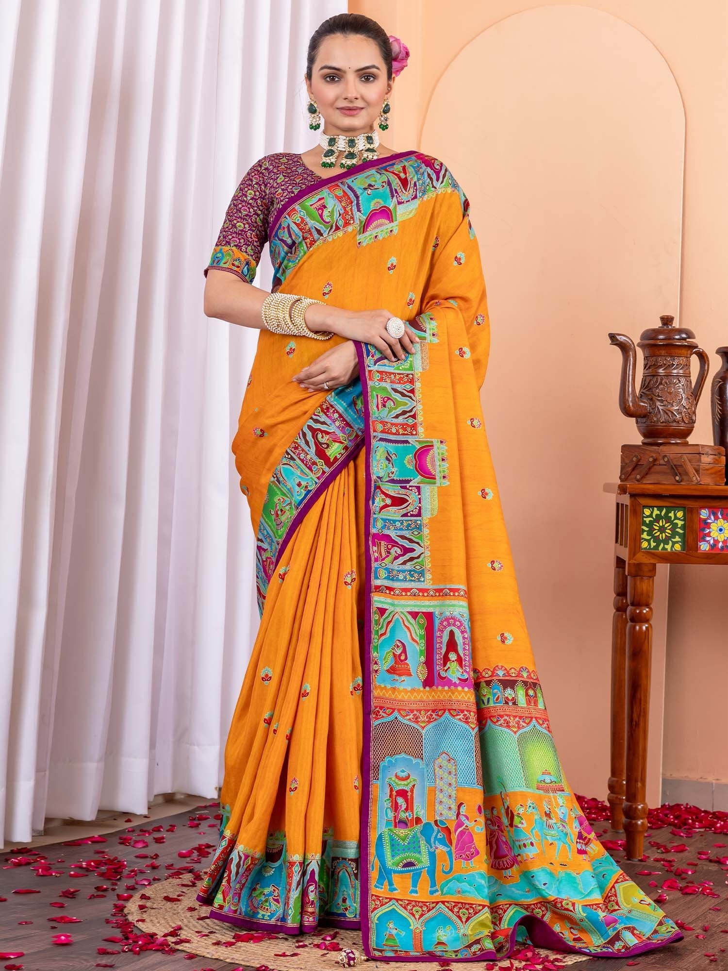 Yellow Mustard Tussar Silk Blend Printed Saree