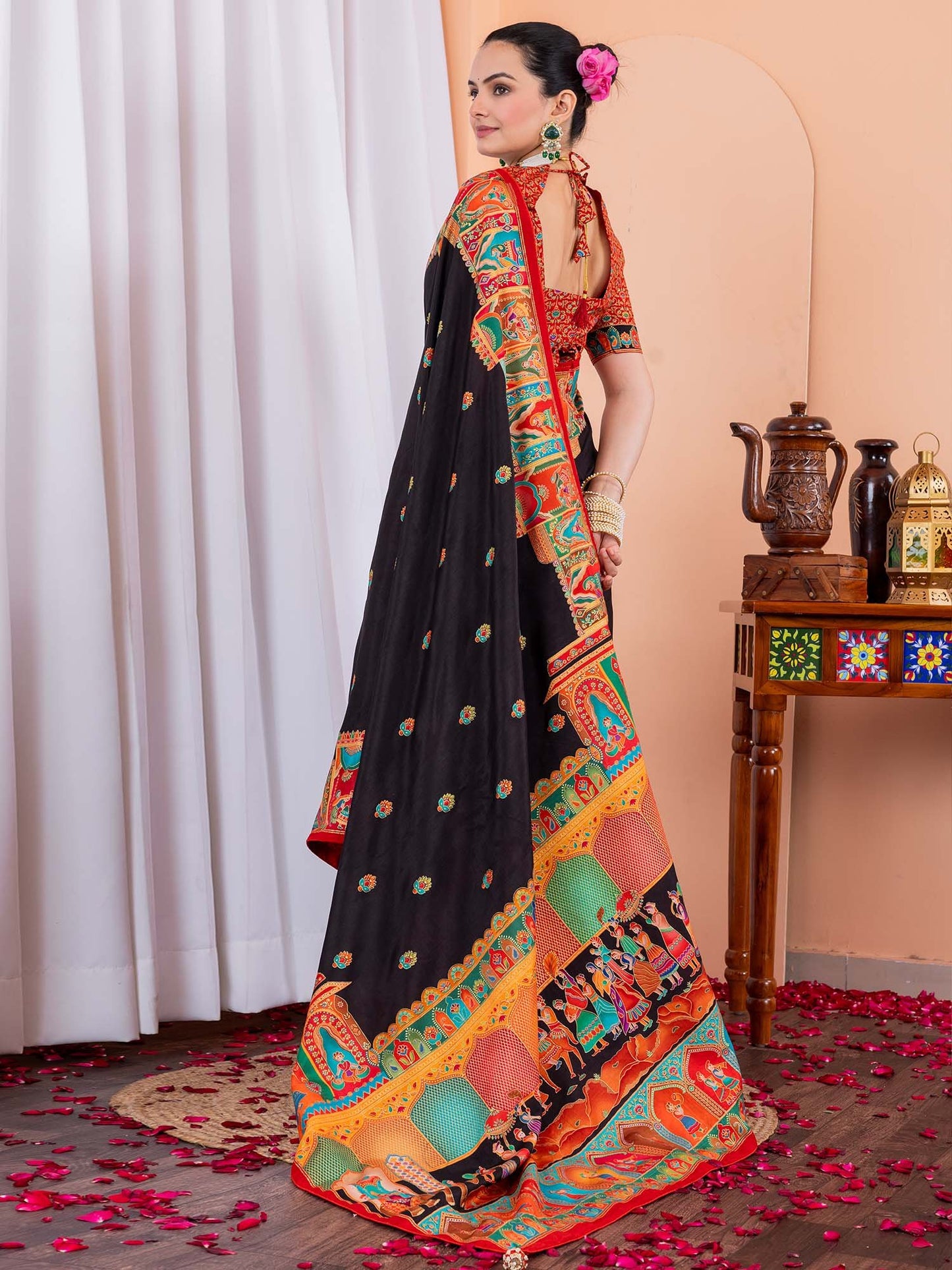 Black Tussar Silk Blend Printed Saree