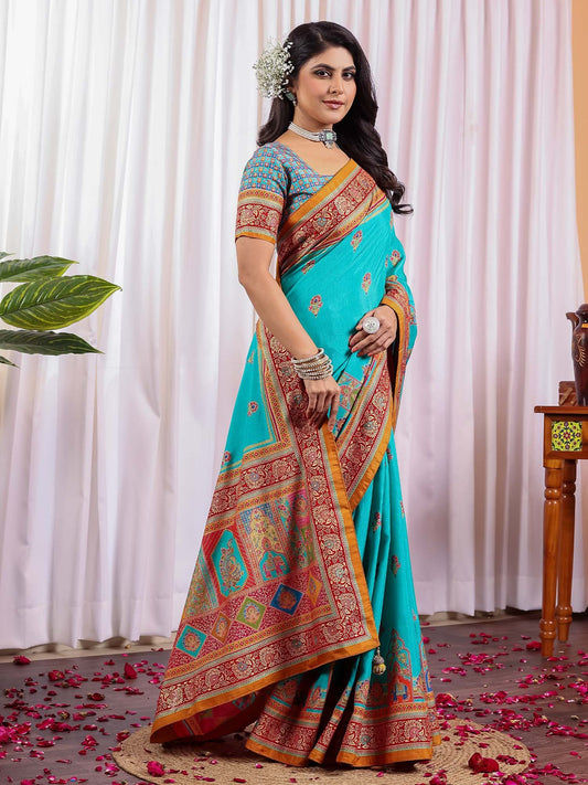 Blue Light Tussar Silk Blend Printed Saree