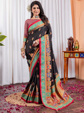 Black Tussar Silk Blend Printed Saree - The Dori Store